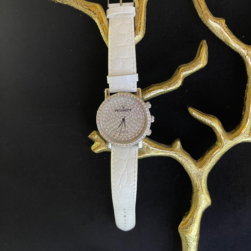 Peugeot Women’s Japanese Quartz Watch with White Leather band, 6369